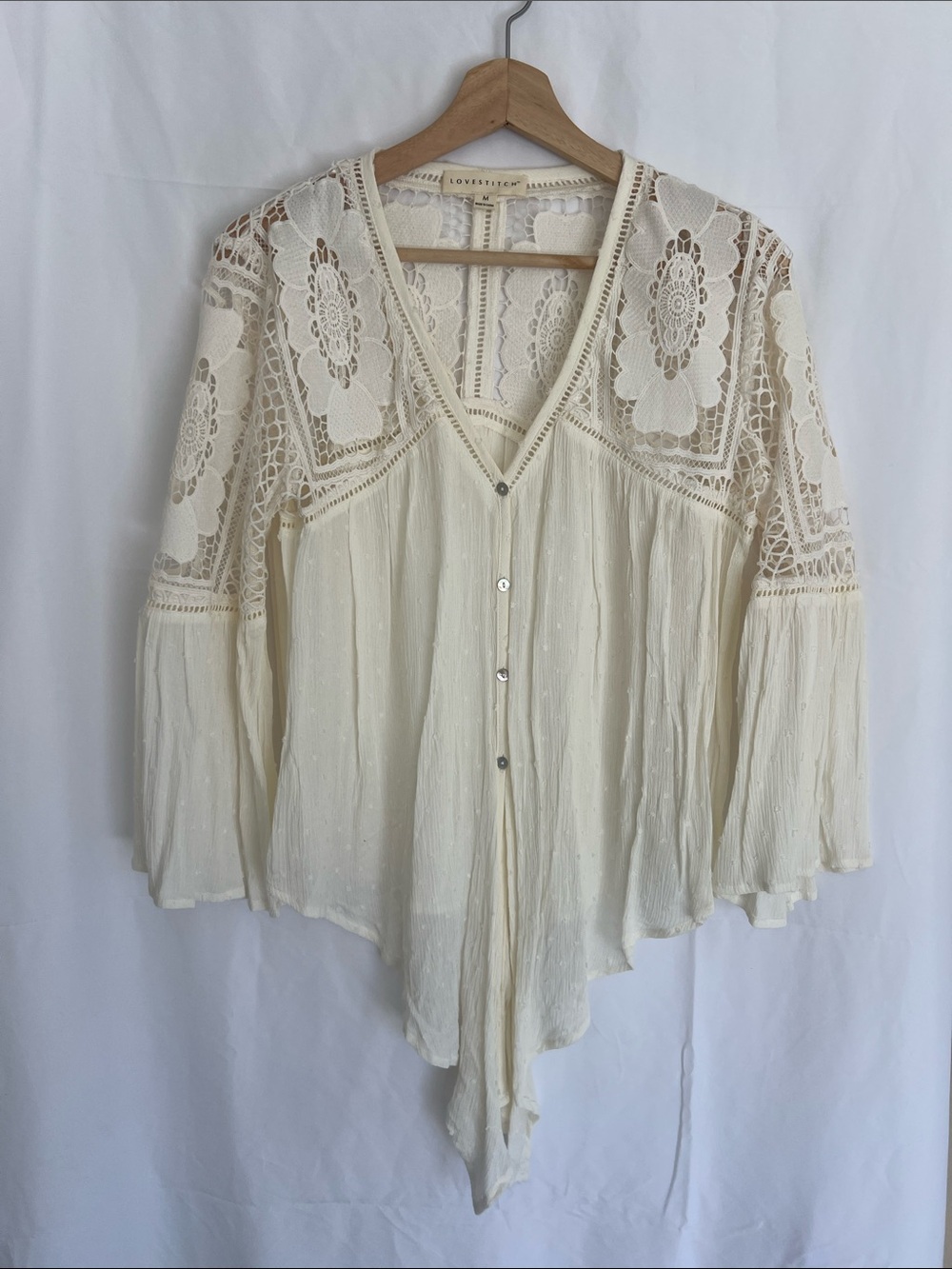 lovestitch Ivory Crochet Lace V-Neck Button Front Blouse